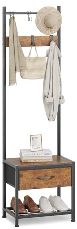 Narrow Coat Rack rustic Hall Tree 17.7x12x60.7 Rustic Brown | Leader Accessories metal coat stand with storage drawer 6 S-Hooks coat hat boot stand for hallway entryway cloakroom