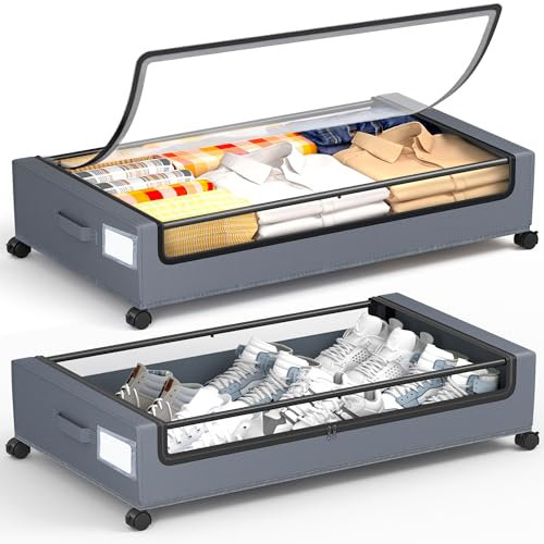 YEEBONIX Under Bed Storage With Wheels, 2 Pack Square Containers, 60L Bins, Rolling Metal Drawer for Clothes, Blankets, Shoes