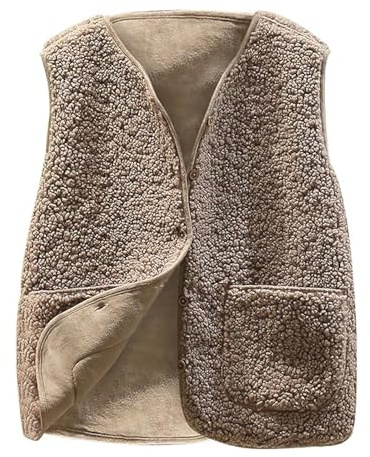 Vinuwu Gilet da donna senza maniche, in pile, da donna, tinta unita, con scollo a V, con bottoni, orsacchiotto, gilet da donna in pelliccia, cachi, L