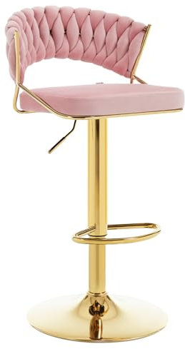 WOLTU Barhocker höhenverstellbar, Barstuhl 360° drehbar, Küchenhocker mit geflochtener Rückenlehne Fußstütze, Hocker Bar Küche, Samt Metall, Rosa, BH427rs-1