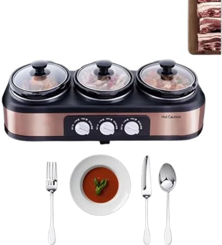 Olla eléctrica de cocción lenta y servidor de bufé de 3 x 1,5 l, ollas de cerámica con triple calentador de alimentos con tapas, soportes para tapas y 3 configuraciones de calor