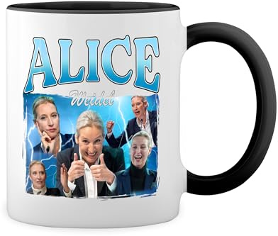 All Faces Of Alice Weidel Afd Weiße Tasse Mug mit schwarzen Felgen & Griff