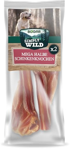 Bogar - Simply Wild - Chuches para Perros - Comida Perros como Complemento Nutricional - Medio Mega Hueso de Jamón x2-100% Cerdo Seco para Mordisquear - Ayuda a la Masticación Prolongada