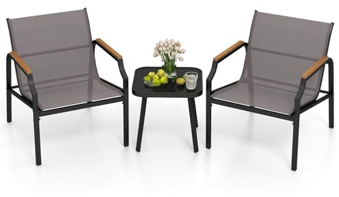 COSTWAY Set da Giardino a 3 Pezzi, Set Mobile da Esterno con Talaio in Metallo, Poltrona e Tavolino Quadrato, Set da Bistro con 2 Poltrone, per Giardino Cortile Piscina
