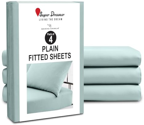 GC GAVENO CAVAILIA Microfiber Fitted Sheet Single - 4 Pack Plain Bed Sheets - Deep Pocket 10 inch (25cm) - Shrinkage, Fade & Wrinkle Resistant Bottom Sheet, Fit to Mattress (91x190 cm) - Duck Egg