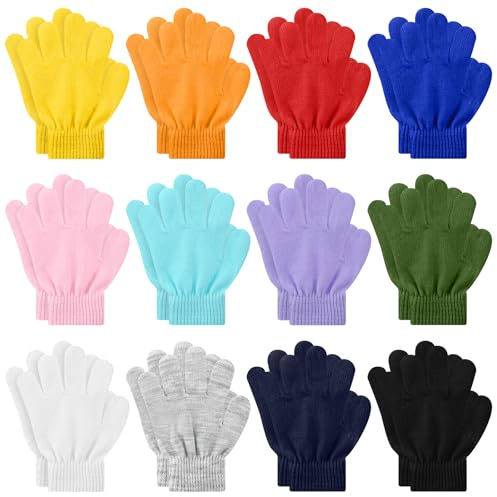 Xlretak 12 Paar Kinder-Zauberhandschuhe, winterliche Strickhandschuhe mit langen Fingern, elastische, farbenfrohe Fäustlinge für Jungen und Mädchen im Alter von 5 bis 13 Jahren für den täglichen