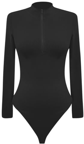 KBOPLEMQ Body elegante de manga larga con cuello alto, body a la moda, con cremallera acanalada, parte delantera, mono sexy, corte ajustado, parte superior de leotardo, tanga, ribbed, ropa interior