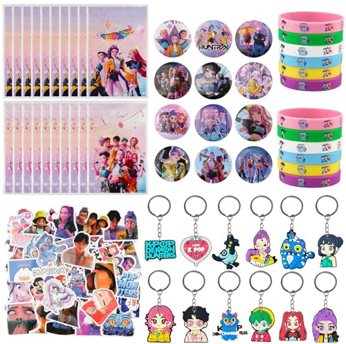 KEVRDRT 116 Pezzi Hun-trix Anime Regalini Fine Festa Compleanno, KP_0P De-m0n Hun-ters Compleanno Gadget con Adesivi Distintivo Braccialetto Portachiavi Sacchetti Regalo, Compleanno Regali Festa