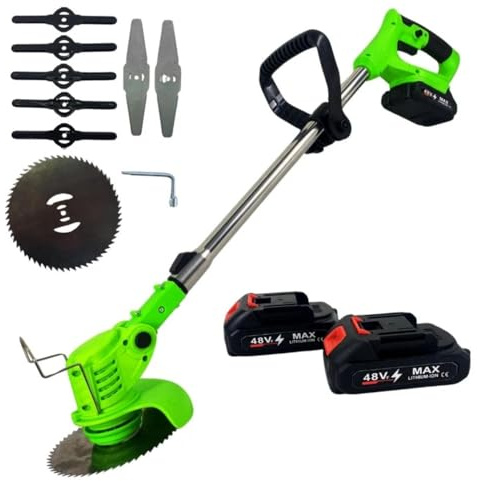 MF artSHOP Decespugliatore Elettrico 48V, Tagliaerba a Batteria con Lame in Acciaio e Disco Sega, Multifunzione Regolabile con 2 Batterie, Manico in Alluminio, per Giardino e Arbusti
