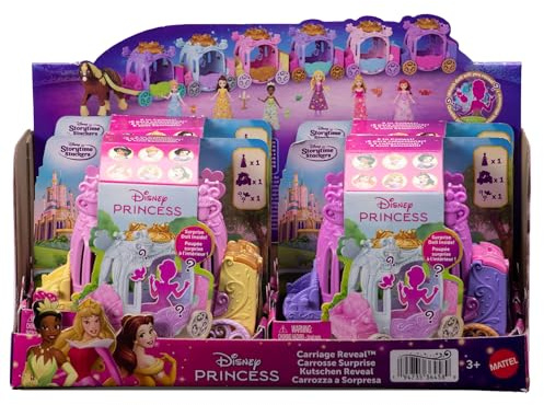 Mattel Disney Princess Spielzeug, Überraschung kleine Puppe und Kutsche mit 1 Freundefigur, Kutschen-Enthüllung, inspiriert von den Filmen (Figuren können abweichen), JLH89