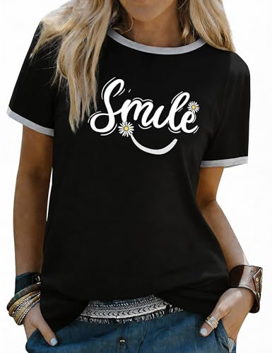 Aottori T Shirt Donna Misto Cotone Maglietta Stampa Sorriso Estiva Nero M