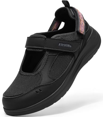 FitVille Sandales Mary Jane Femme Largeur Extra - Chaussures d'Été à Fermeture Réglable Légères, Respirantes pour la Marche et Les Vacances Noir 40 EU Large