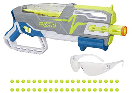 Nerf Hyper, Blaster con Bomba Siege-50, 40 Bolas Nerf Hyper, Gafas, 33 m/s, Recarga fácil, Capacidad de 50 Bolas, L