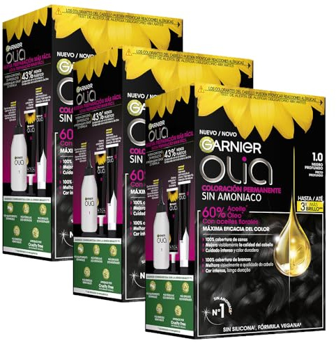 Garnier Olia - Pack de 3 coloración permanente sin amoniaco para un olor agradable con aceites florales de origen natural, color tono 1.0 negro ébano