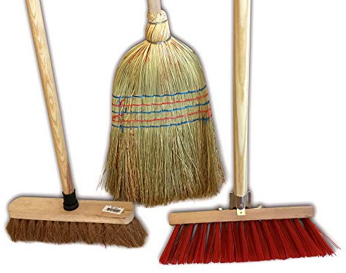 Ensemble de 3 balais d'extérieur | Cantonnier brosse PVC 32 cm | Fibres de coco naturel 29 cm | Paille de riz 35 cm | Manches bois | Kibros 3LOTBb