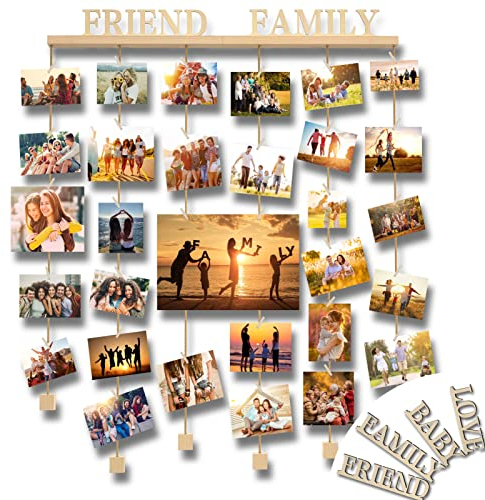 Uping Bilderrahmen Collagen Holz Photo Hanging Bilderrahmen, Mehrere Bilder Fotorahmen Wäscheleinenoptik Mit 35 Holzklammern und 6 Hanfseil