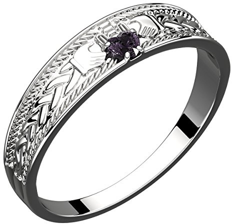 GWG Jewellery 925 Sterling Silver Claddagh Ring with Heart Shaped Amethyst Purple Stone, Hands, and Crown – 9 in Gift Box for Women
