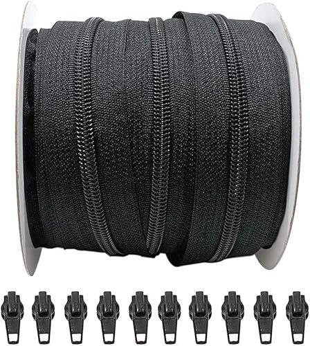 JYC Creative 20 Metri di Chiusure Lampo in Nylon n.3 + 25 Cursori Automatici Tiretti in Metallo, Cerniera per Cucire su Vestiti e Tessuti, Nero 332