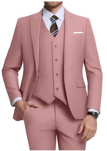 ZKHOECR Costume 3 pièces pour Homme, Coupe ajustée, avec Blazer à Deux Boutons, Gilet et Pantalon, Couleur Unie, pour Les Affaires et Les Mariages, Rose, Taille M