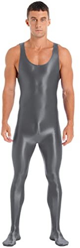 FEESHOW Herren Glänzend Nylon Bodysuit Overall Einteiler Sport Body Gymnastikanzug Trikot Leotard Ganzkörper Strumpfhose Nachtwäsche A_Dunkelgrau M