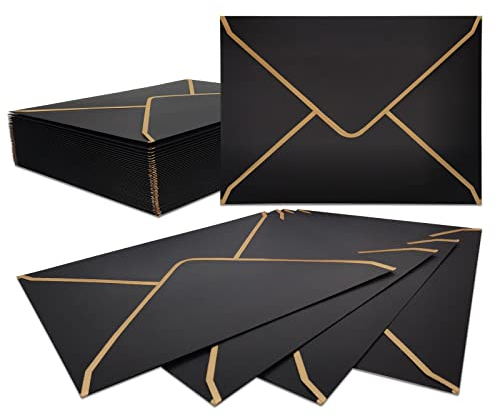 50 Stücke Einladungumschläge A7，Schwarze Luxuriöser Umschläge 18.5x13.5cm Miniatur Kuverts 5x 7 Umschläge mit V-Klappe Briefumschläge Goldfolienrand für Hochzeiten, Einladungen, Party, Grußkarten