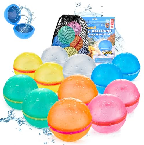 TIZIKCON Reusable Water Balloons with Mesh Bag, Latex-Free Silicone Quick Self-Sealing Water Splash Bomb for Kids Adults Water Game, Bath Toy, Pool Toy, Summer Party Supplies (12PCS)