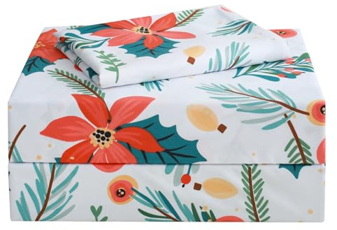 JSD 3 Piece Red Poinsettia Floral Single Bed Sheets Set Twin, Soft Printed Microfiber Bedding Sheets Extra Deep Pocket