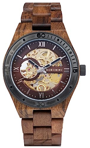 BOBO BIRD Mens Wood Watches Skeleton Mechanical Wooden Watch Lightweight Luxury Wristwatches with Natural Wood Band of Limited Edition Collection for Men (red)