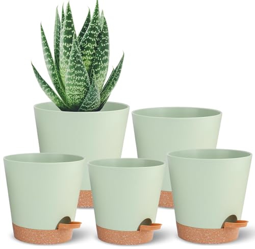 Vaso per piante autoirrigante, con foro di drenaggio, per tutte le piante da interno, con foro di drenaggio e serbatoio, in plastica verde, moderno, 5 pezzi
