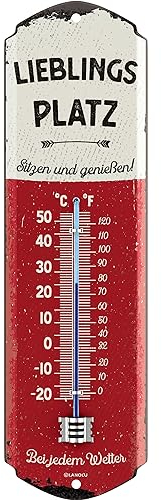 LANOLU Cartel de chapa con termómetro, diseño retro con texto en alemán LIEBLINGSPLATZ, cartel decorativo para jardín, 8 x 28 cm