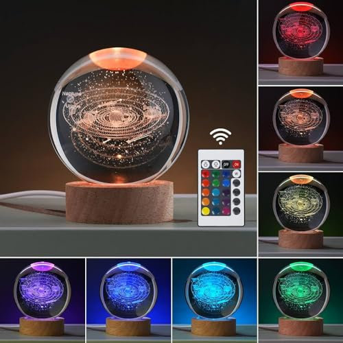 Shop-UP! Lámpara solar 3D RGB multicolor con mando a distancia, bola de cristal grande, con base y luz LED de colores USB, caja de regalo incluida