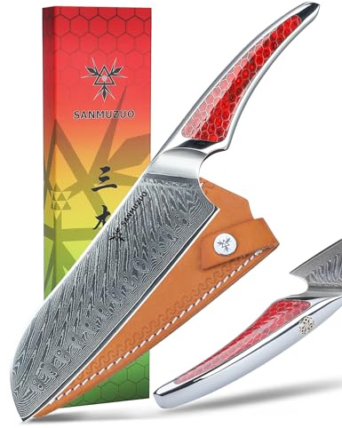 SANMUZUO Santoku-kniv, 18 cm japansk Damaskus VG-10 kock kniv ultravass kökskniv med fullt fiskbenshandtag i rödt harts LA-S9-serien