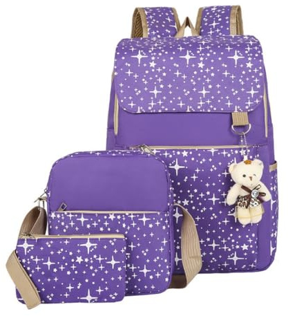 Kids Backpack School Bag Set - Girls Boys Waterproof Bookbag Rucksack Daypack 3 Piece Set with Crossbody Bag, Pencil Case or Phone Bag for Teenage Primary Secondary Junior High School (Purple)