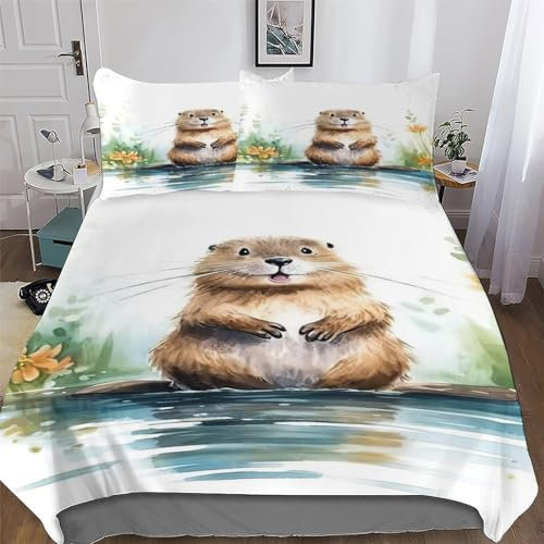 Beaver Duvet Cover Set Kids Bed Cover Adults Bedroom Quilt Cover 2 PCs, 3D Printing Bedding Comforter Cover Bedspread, Soft Microfiber Bed Set Single (135x200cm)