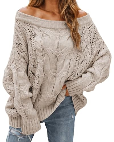 Kwunbwa Women Off The Shoulder Oversized Sweaters Cable Knit Pullover Tops