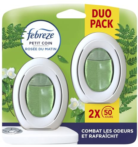 Febreze Petit Coin, Désodorisant WC En Continu (7.5ml x2), Parfum Rosée du Matin, Combat Les Odeurs, Fraîcheur Jusqu'à 50 Jours
