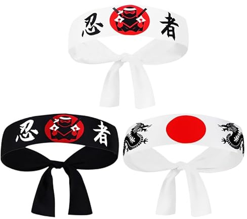 BESPORTBLE Lot de 3 bandeaux de karaté ninja en tissu respirant - Bandeau japonais pour fitness, cuisine et loisirs - Pour hommes et femmes