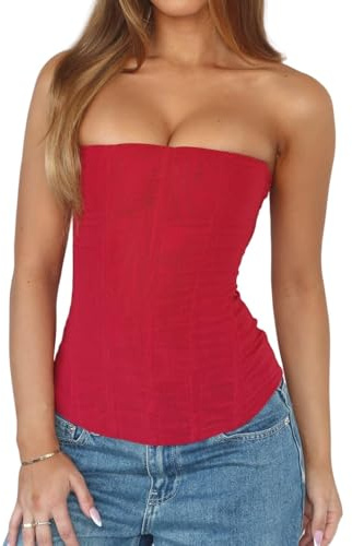 FeMereina Women Y2k Strapless Bustier Corset Back Zip Mesh Boned Bodyshaper Tube Top Sexy Going Out Bustier Tops
