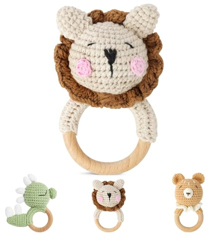 Vicloon Sonajero Bebé, Sonajero de Ganchillo de Madera para Bebé, Lindo Juguete de Agarre para Bebés a Partir de 0 Meses, Sonajeros de Tela Hecho a Mano, Regalos para Recien Nacidos, León