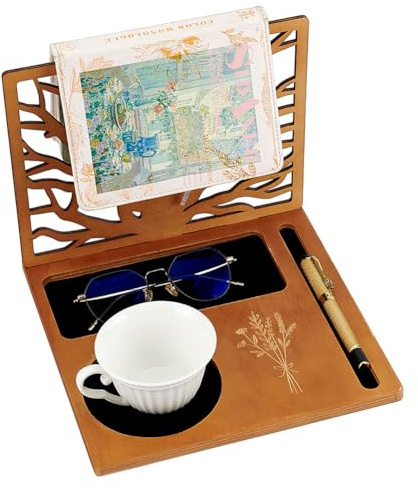BENECREAT Supporto per Libri In Legno, Organizer Multifunzionale per Libri con Tazza, Occhiali, Portapenne e Portatelefono per Comodino, Scrivania, Regali di Natale e Compleanno