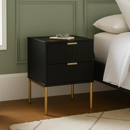Home Treats Bedroom Furniture Set Black Wooden Bedside Table with Legs & Gold Accents 3 Piece Set Ridged Design (Bedside Table)