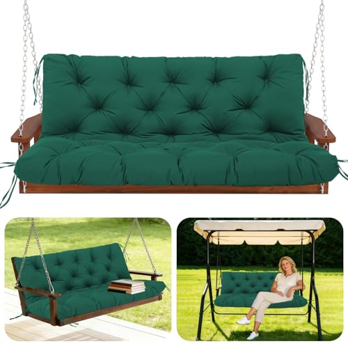 GHDM Garden Bench Cushion Thick 12cm Swing Cushions 3 Seater with Backrest and Tie 150cm Waterproof Swing Seat Cushions Replacement for Outdoor Furniture Patio Porch Lawn Backyard(Dark Green)