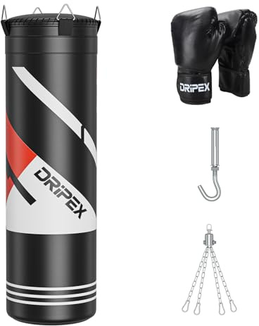 Dripex Punching Bag Boxsack gefüllt, Schwerer Boxsack Hängend Set inkl. 360°drehbarer Heavy Duty Stahlkette und mit Boxhandschuhen für das Training Kickboxen Fitness MMA (Boxsack gefüllt)
