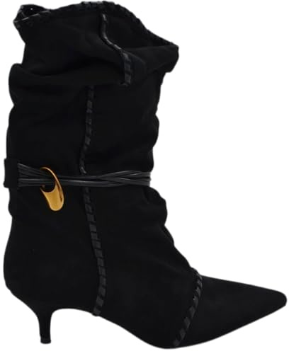 Malu Shoes Stivaletto Tronchetto Donna a Punta Arricciato camoscio Nero con Coulisse Oro Removibile Tacco Kitten 3 cm (41 EU)