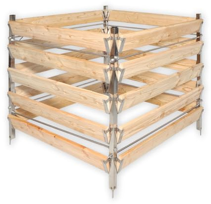 Gartenwelt Riegelsberger Elegante cubo de abono de madera de alerce con postes de acero inoxidable – Recipiente de compost de jardín individual aprox. 80 x 80 cm de altura, estable y duradero