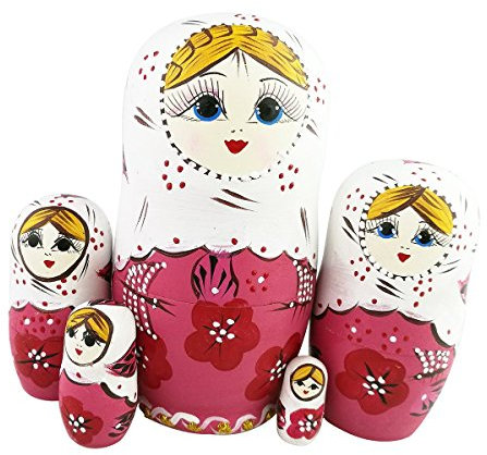 Set of 5 Rustic Style Red Flower Pink Matryoshka Dolls Russian Nesting Wooden Stacking Toy Handmade Gift Wooden Folk Kids Gift Funny Kids Room Decor