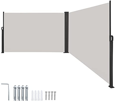 Aufun Doppia Tende da Sole paravento Laterale Retrattile 160 x 600 cm in Poliestere Tende da Sole Laterale Estensibile per Balcone Terrazza Giardino Campeggio, Grigio