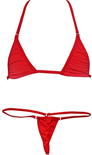 Czizi Women Micro G-String Bikini 2 Piece Sliding Top Thong Small Bra (Red)