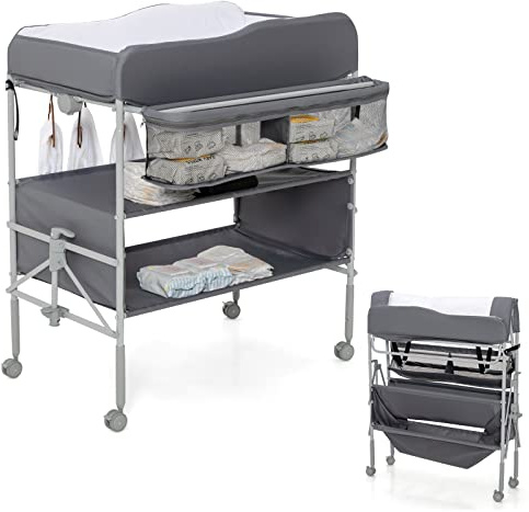 COSTWAY Baby Changing Table, Folding Nursery Changing Station with 4 Lockable Wheels, Rail, Storage Basket & Shelves, Height Adjustable Newborn Bath and Changer Unit Organizer (Grey)