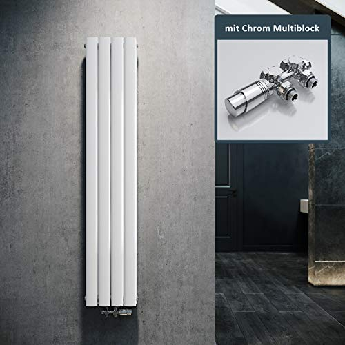 ELEGANT Radiateur au design plat vertical, blanc, 1600 x 308 mm, avec multibloc chromé, thermostat, double couche, raccord central